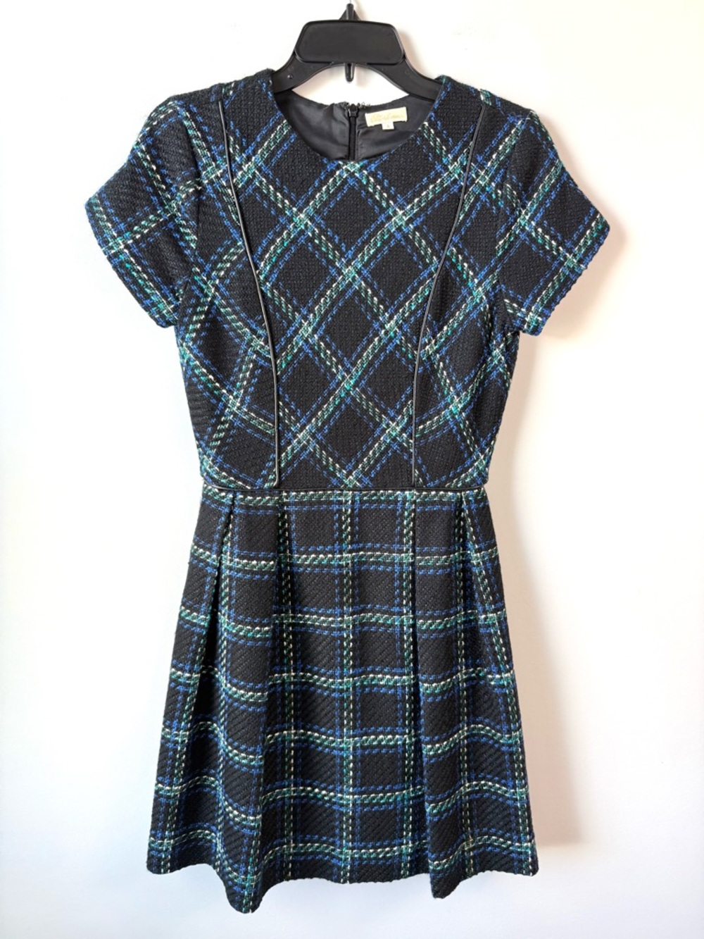Shoshanna Tweed Fit & Flare Mini Dress‎ Black Blue Plaid 4